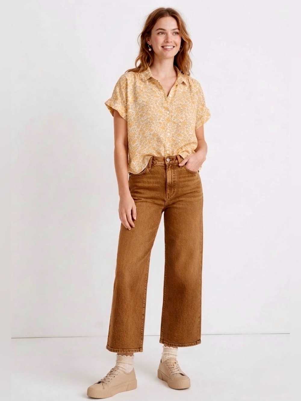 Madewell Yellow Floral Print Short Sleeve Button Up Shirt Top Size M 100% Cotton